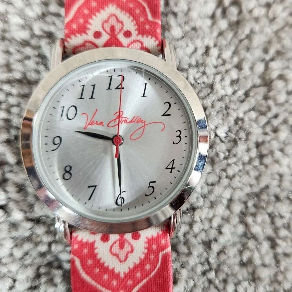 Vera Bradley Watch Red White Patterned Strap Silver Tone Bezel Womens